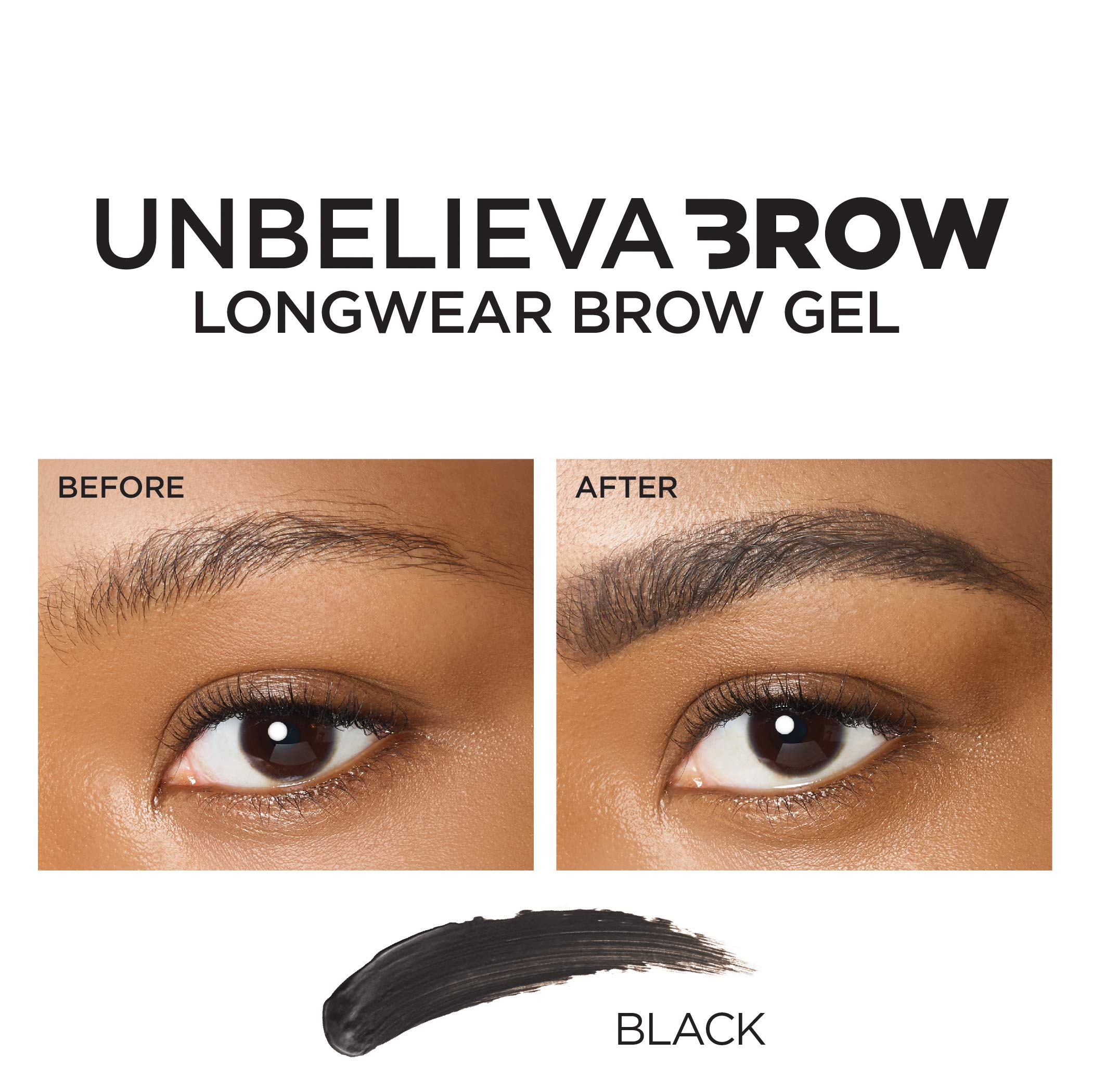 L'Oreal Paris before and after brows showing fuller, defined brows benefit