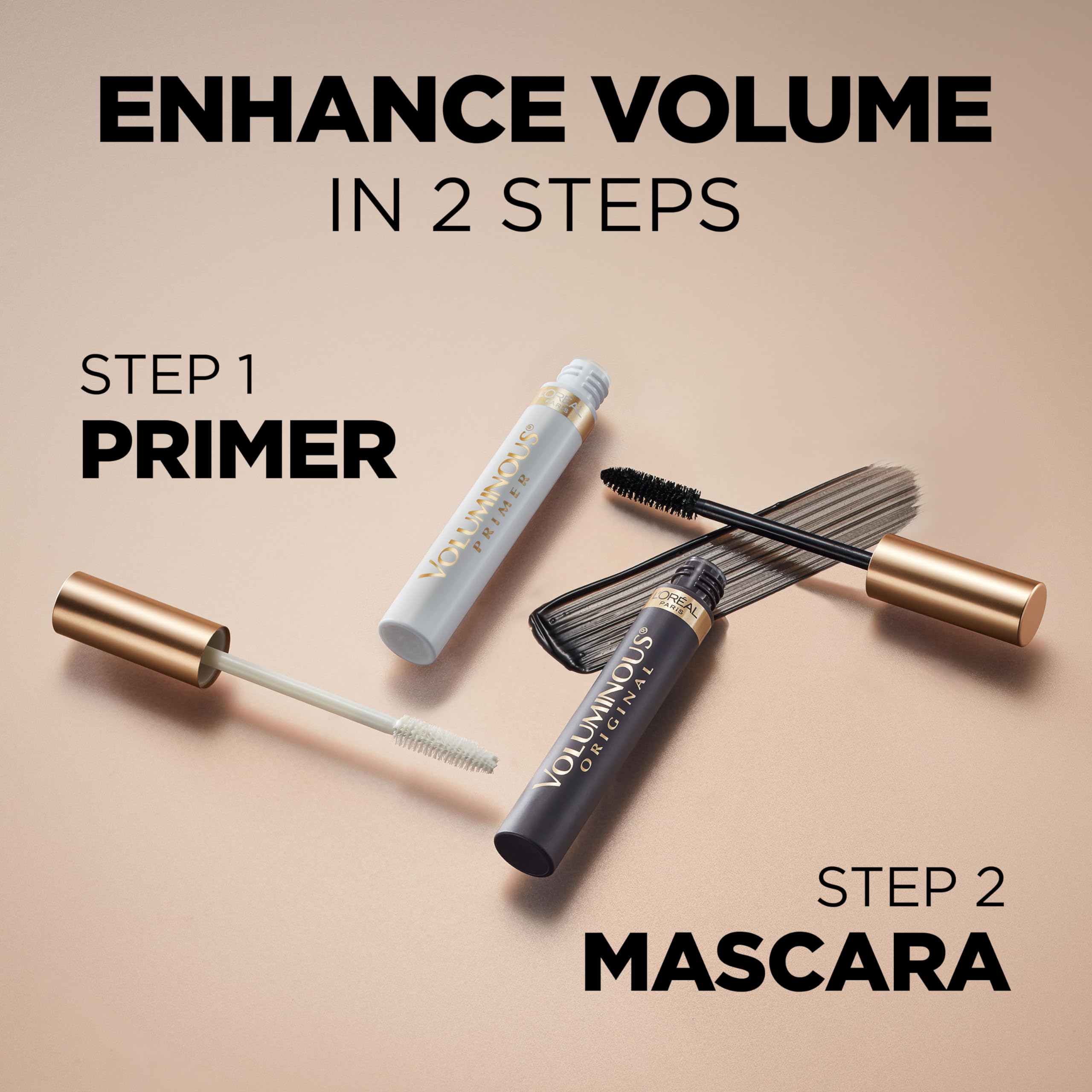 L'Oreal Paris before and after lashes showing fuller, longer effect after application for visible results