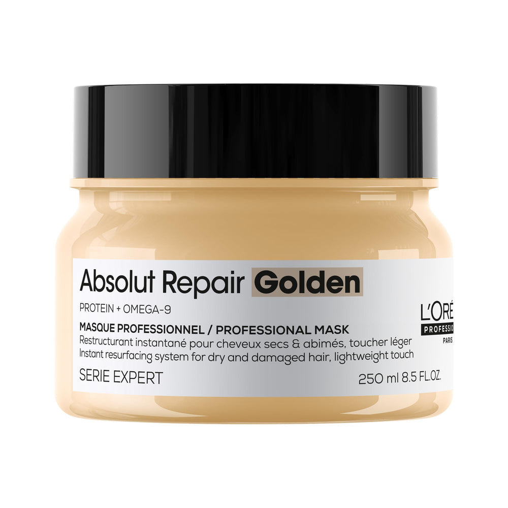 L'Oréal Professionnel golden mask jar front view showing premium packaging and brand benefit