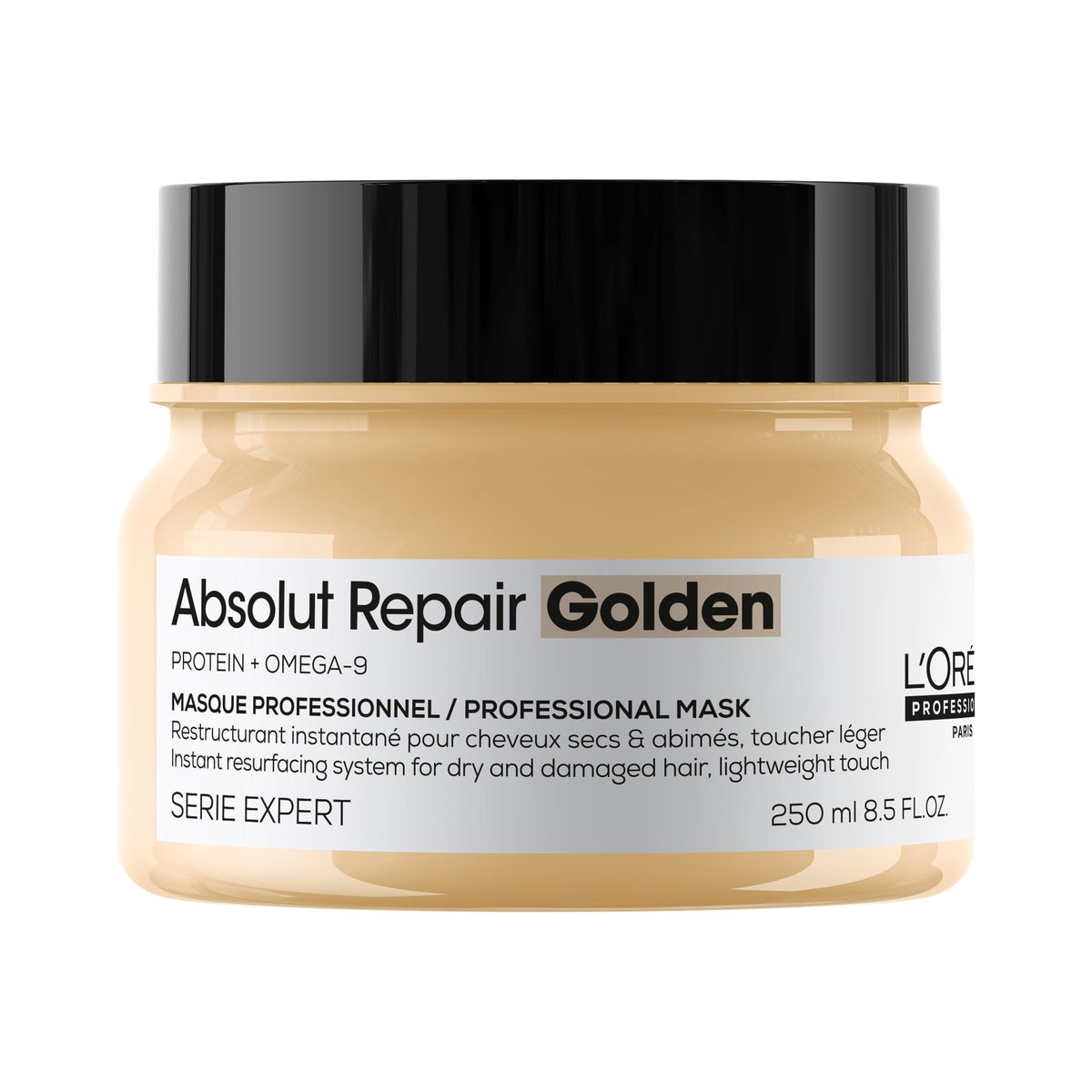 L'Oréal Professionnel golden mask jar front view showing premium packaging and brand benefit