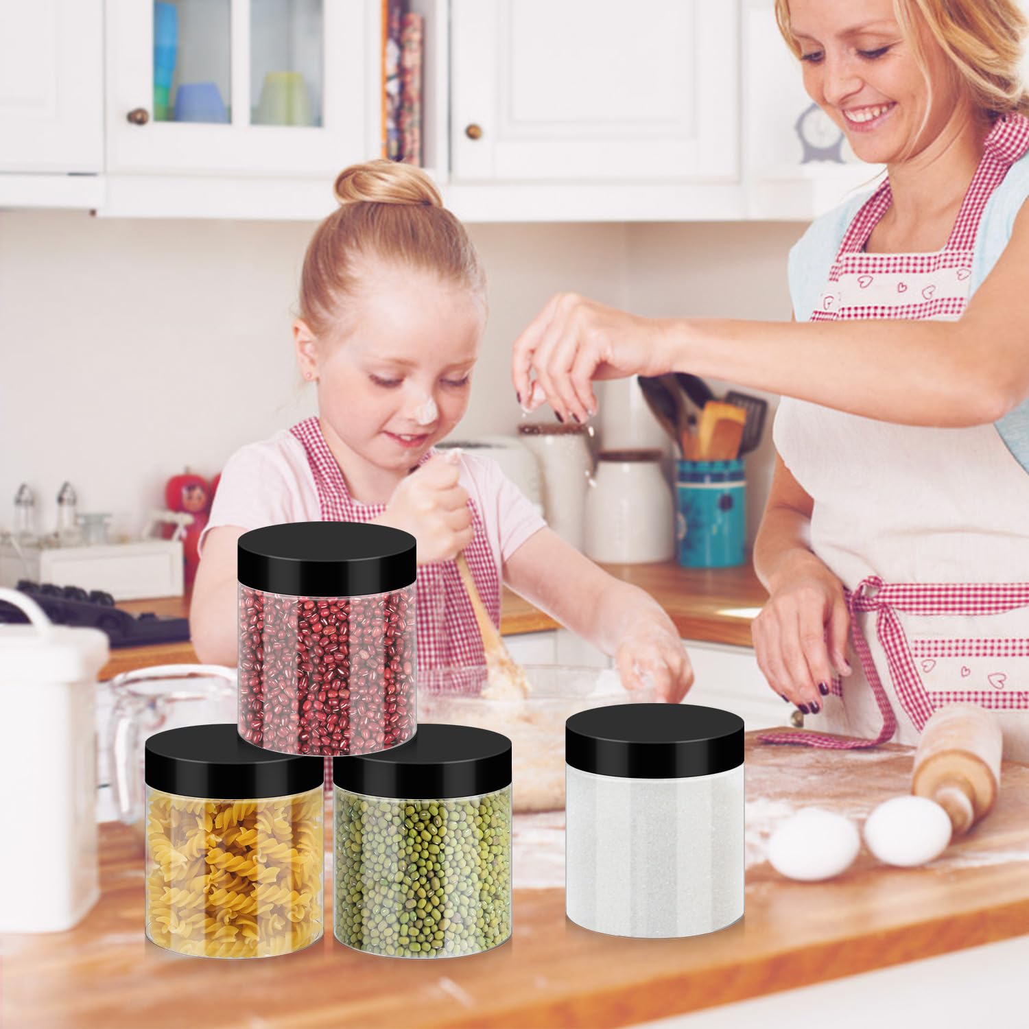 Loretoy stacked jars organized on shelf for neat storage