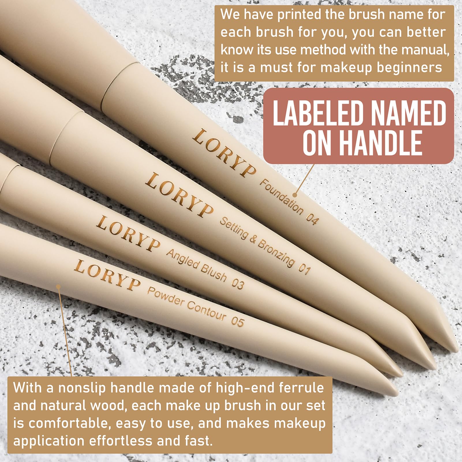 LORYP collection of face brushes showing size range for versatile coverage benefit