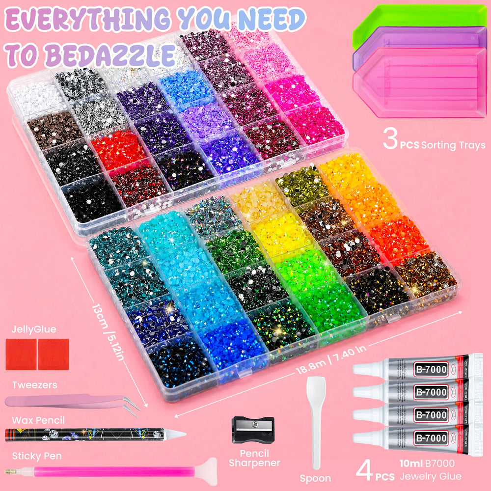 LOTWOW two 24-grid organizers open displaying sorted rhinestones for easy access