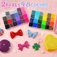 LOTWOW close-up of 48-color rhinestone array showing vivid AB sparkle for precise selection