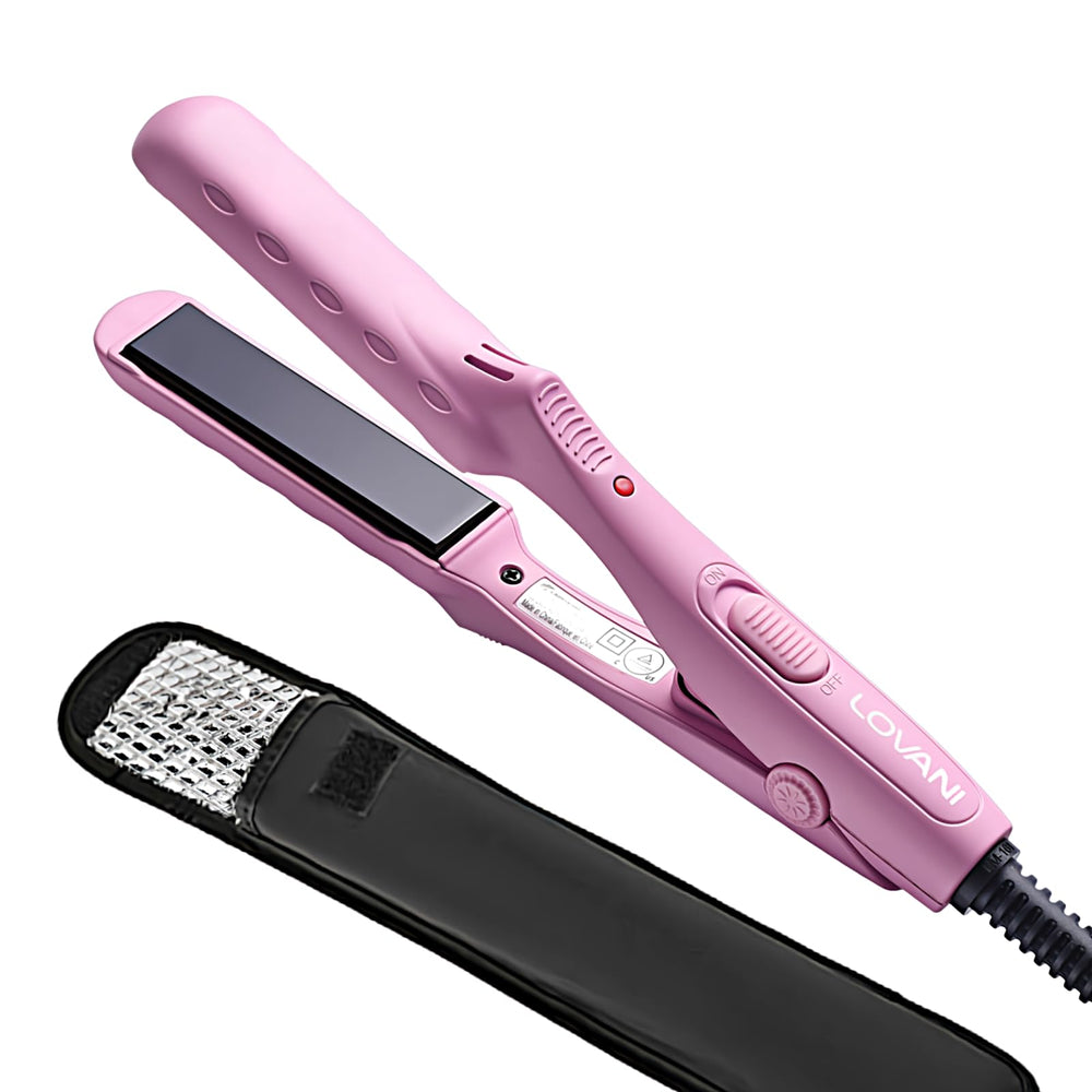 lovani mini flat iron front view showing compact design and pink finish