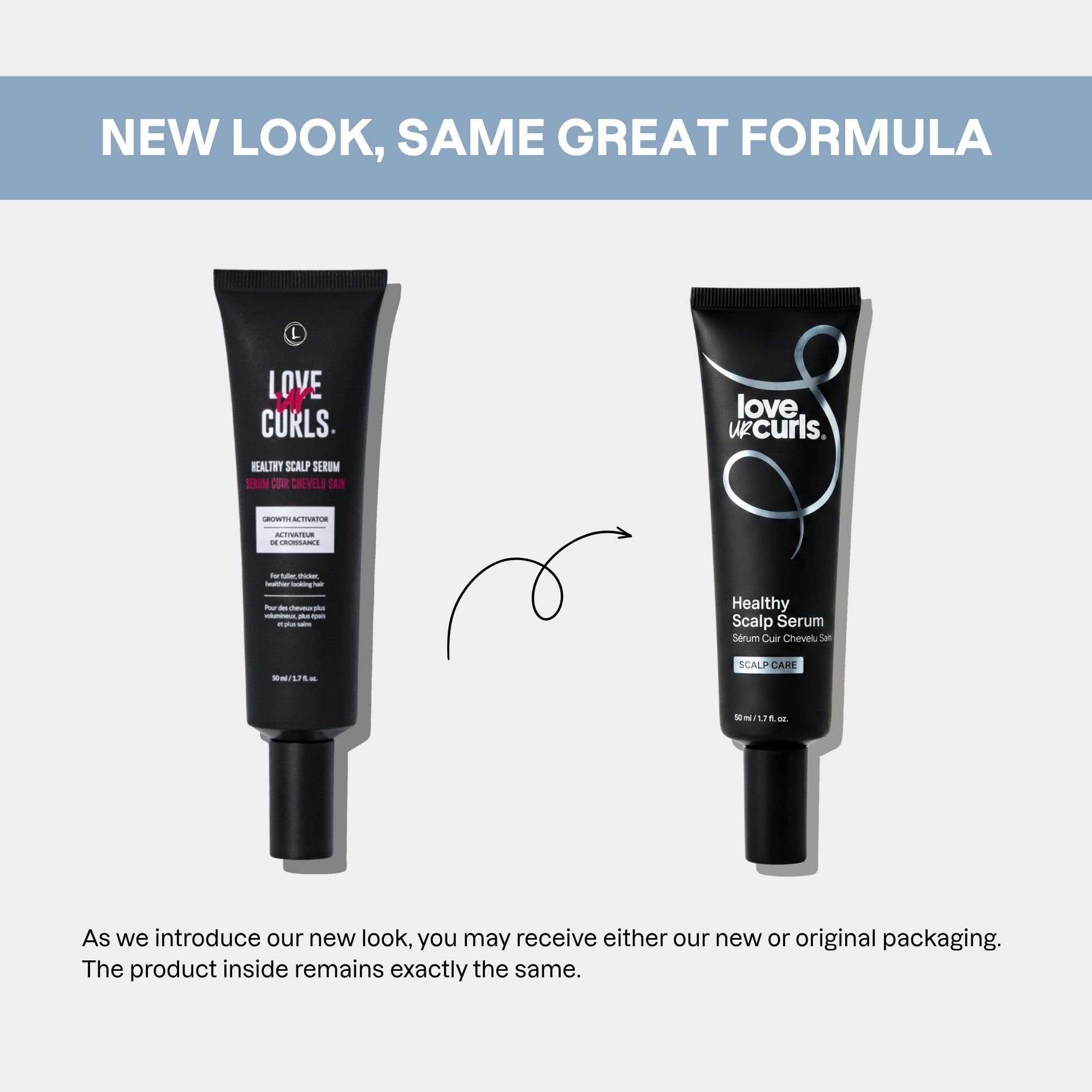 Love Ur Curls bottle beside curly hair to show compatibility and fullness
