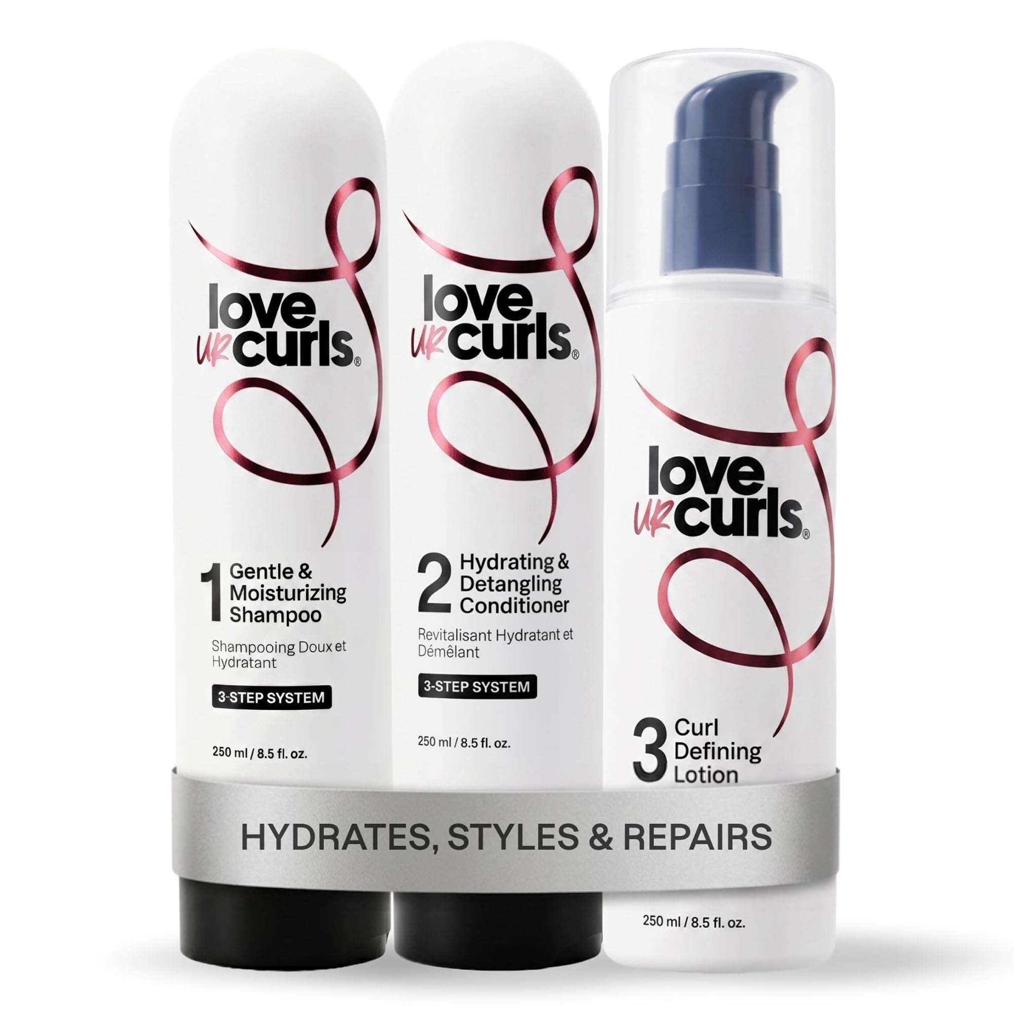 Love Ur Curls front packaging showing the three-step set and benefits