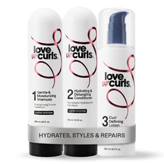 Love Ur Curls front packaging showing the three-step set and benefits