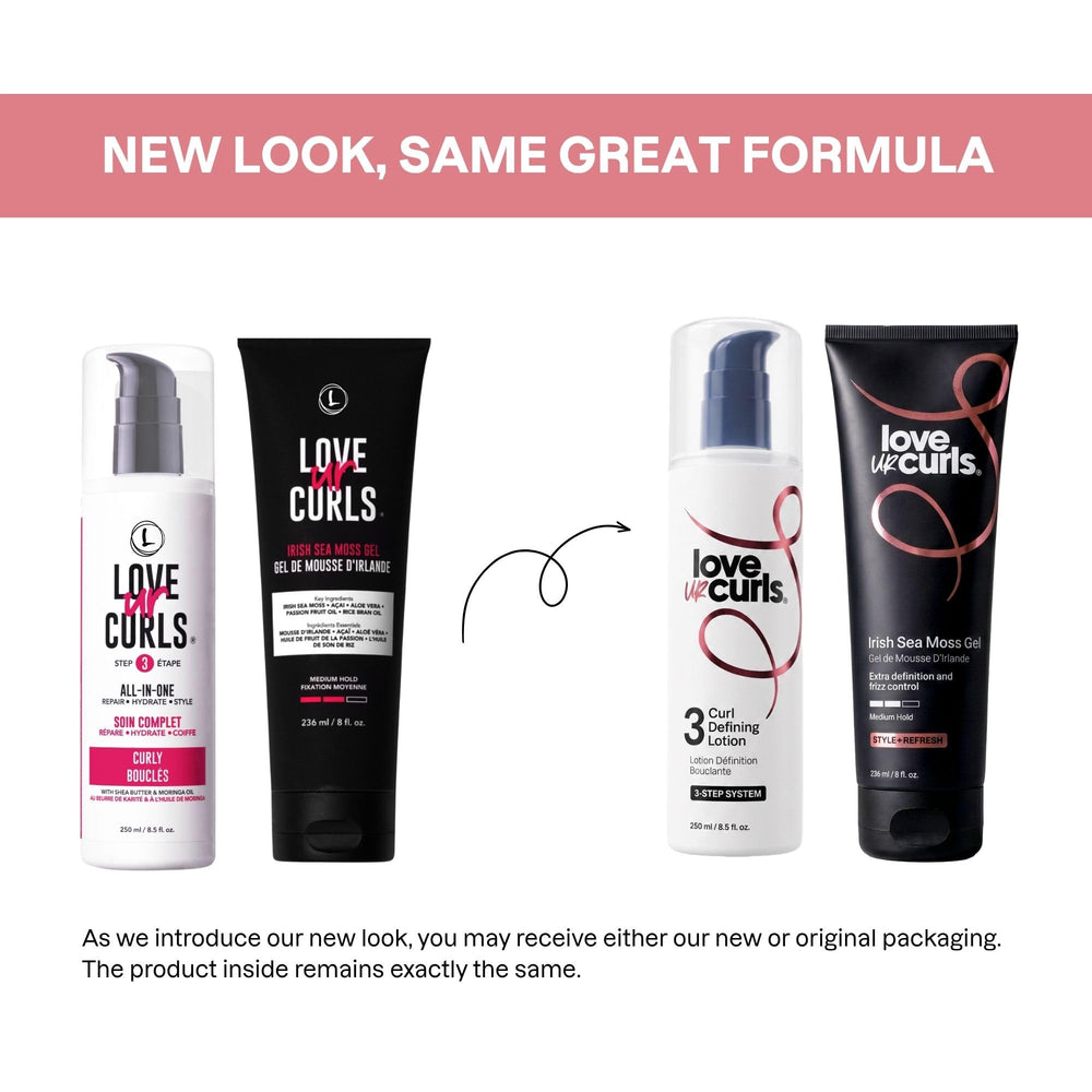 Love Ur Curls products next to a hand to show actual product size and portability