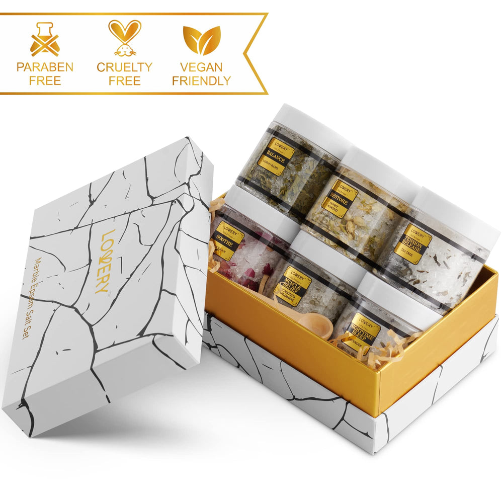LOVERY bath salts in bathtub scene conveying home spa atmosphere and calming benefit