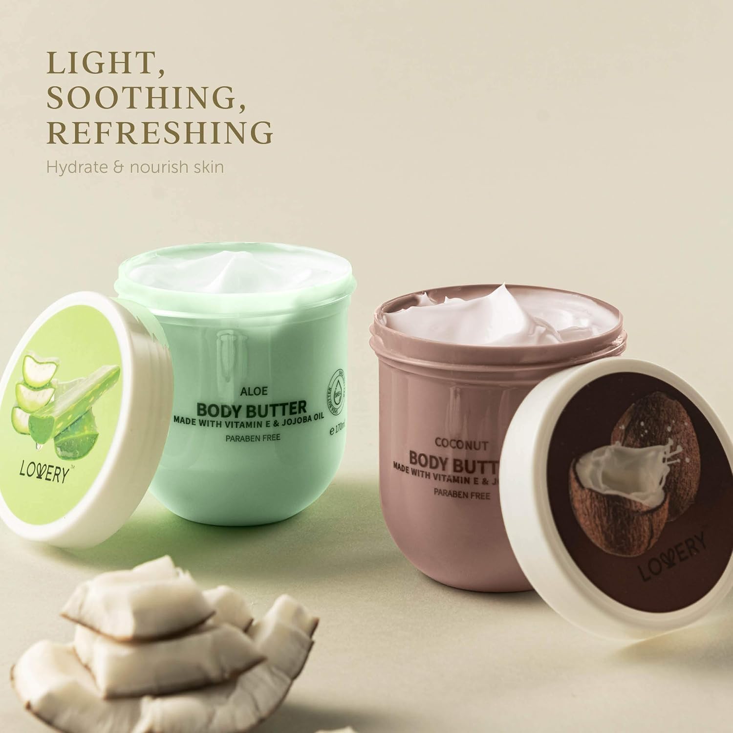 LOVERY ingredients close-up with shea and jojoba to highlight nourishing benefits