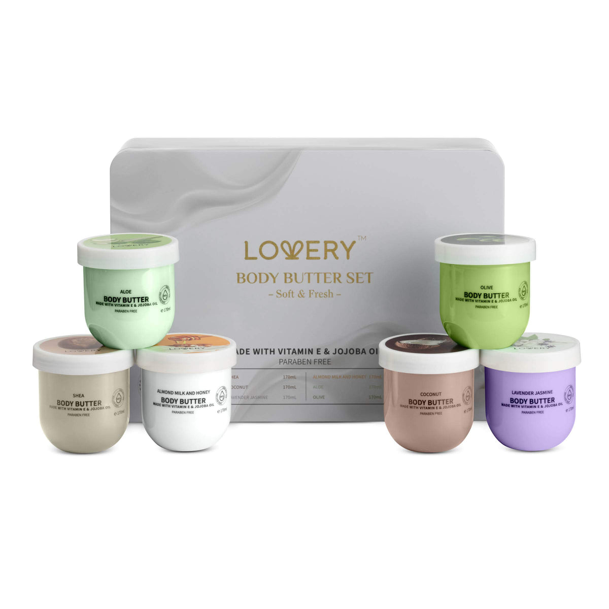 LOVERY tin box front view showing gift-ready presentation and elegant storage