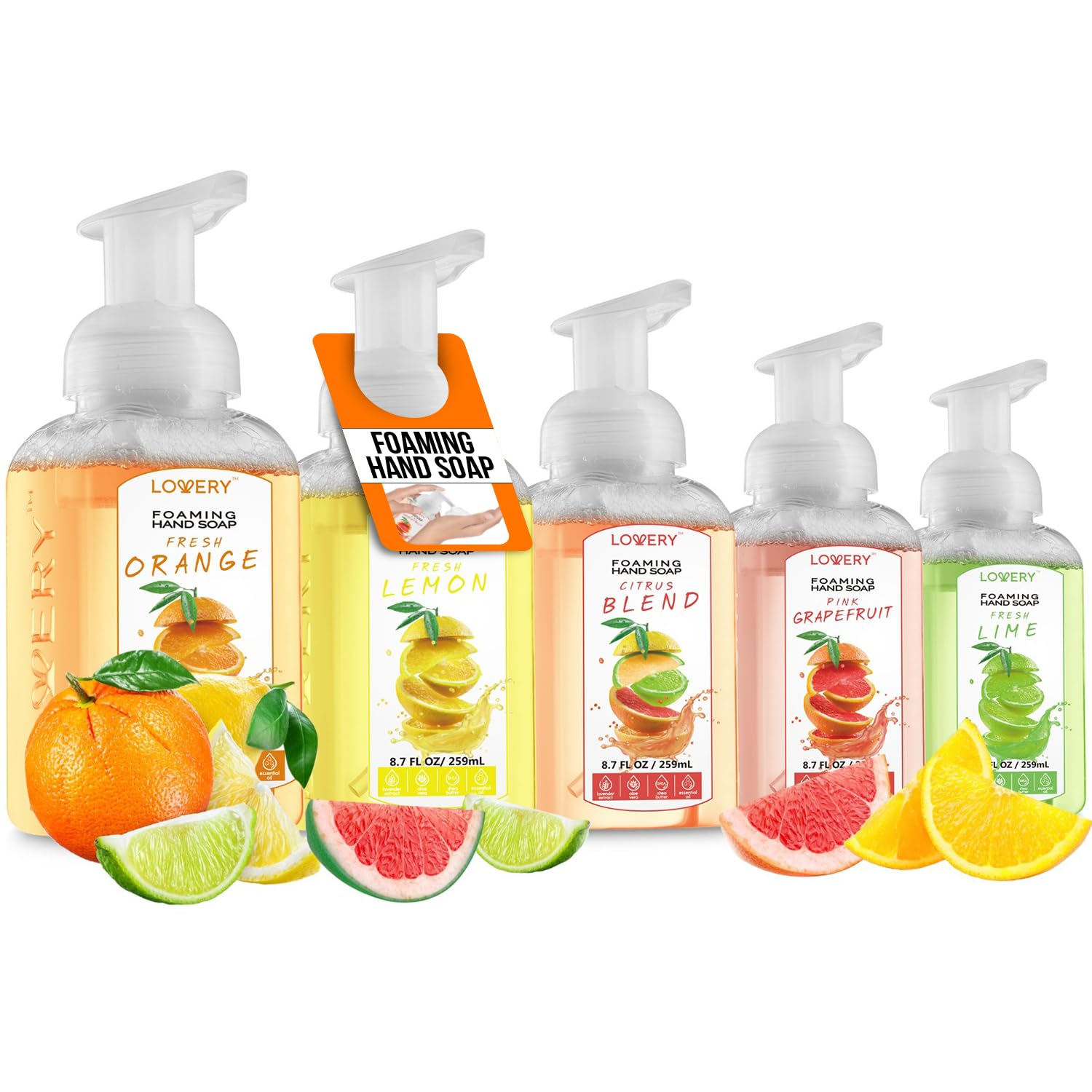 Lovery front packaging showing five pump bottles and citrus scents for convenience
