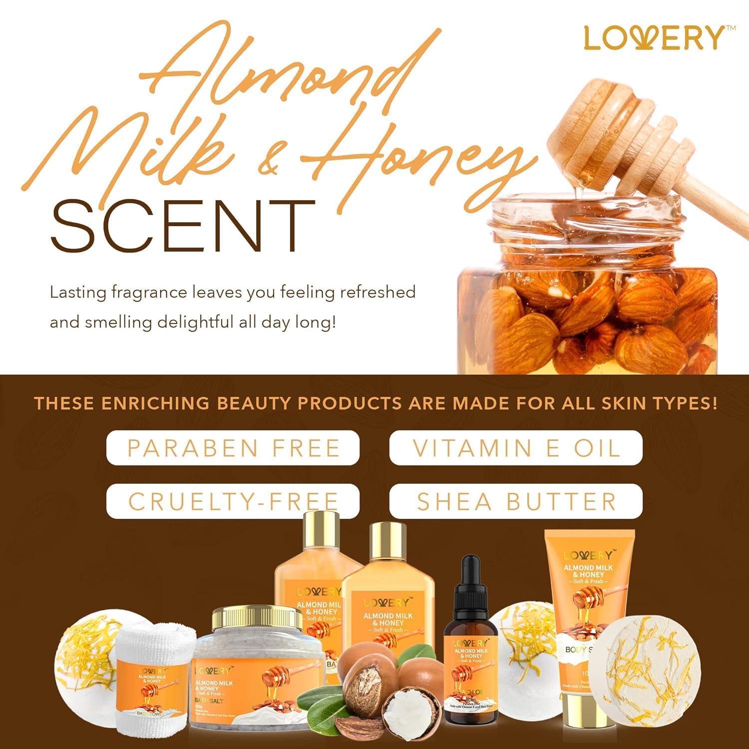 LOVERY shower gel and bubble bath label close-up — gentle cleanse and rich lather