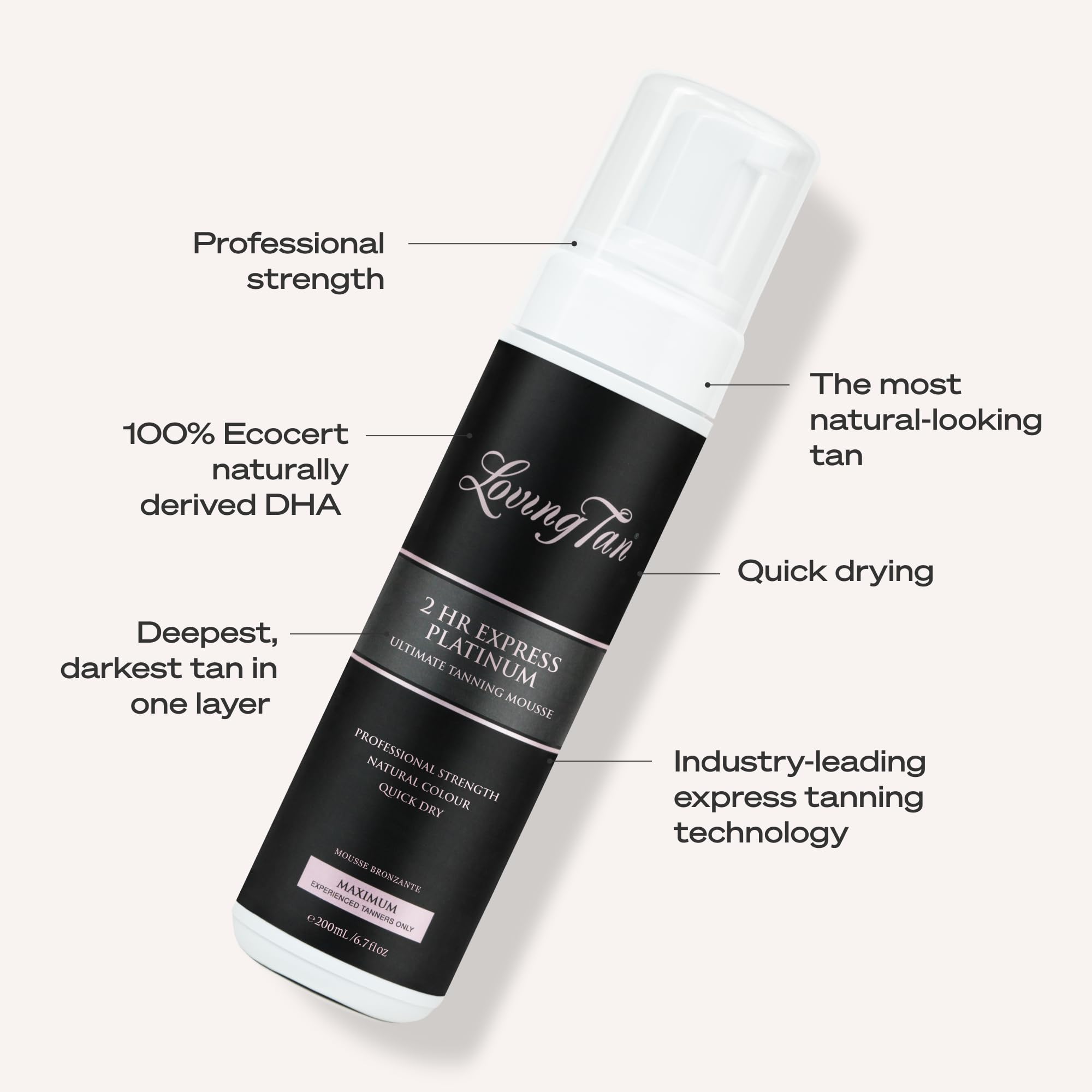 Loving Tan label close-up highlighting formulation details and quality
