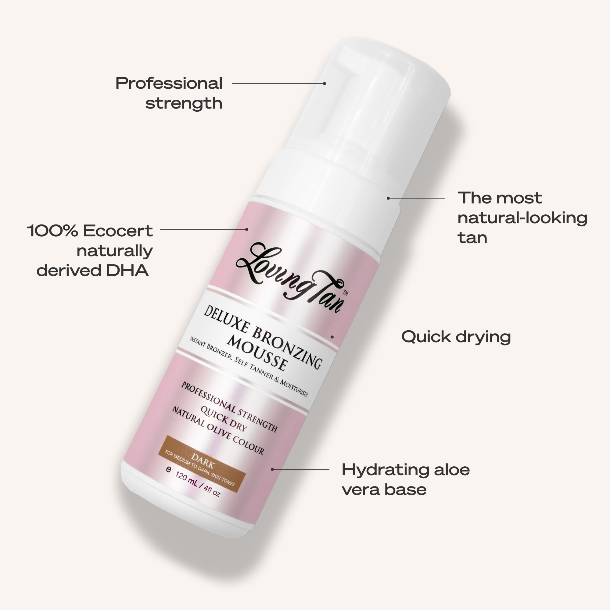 Loving Tan bottle in hand showing size and volume for scale and travel convenience
