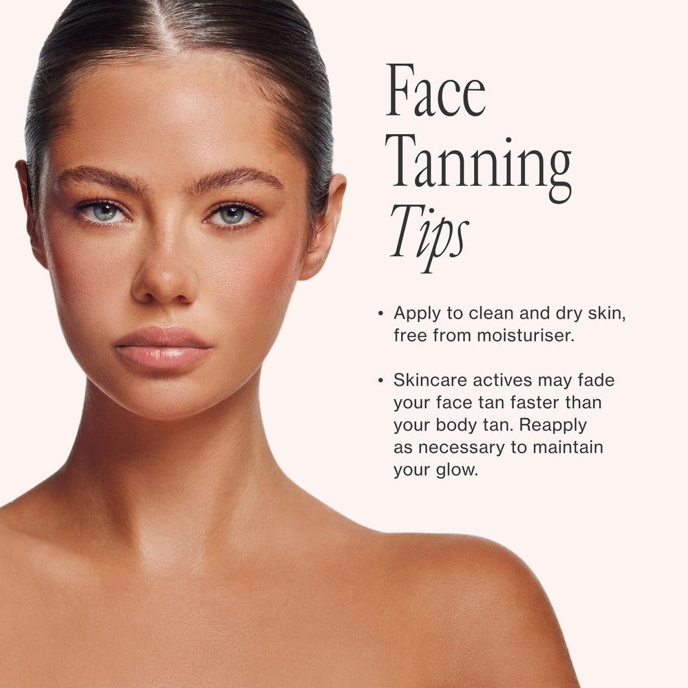 Loving Tan before and after model face showing natural, buildable bronzed result without streaks