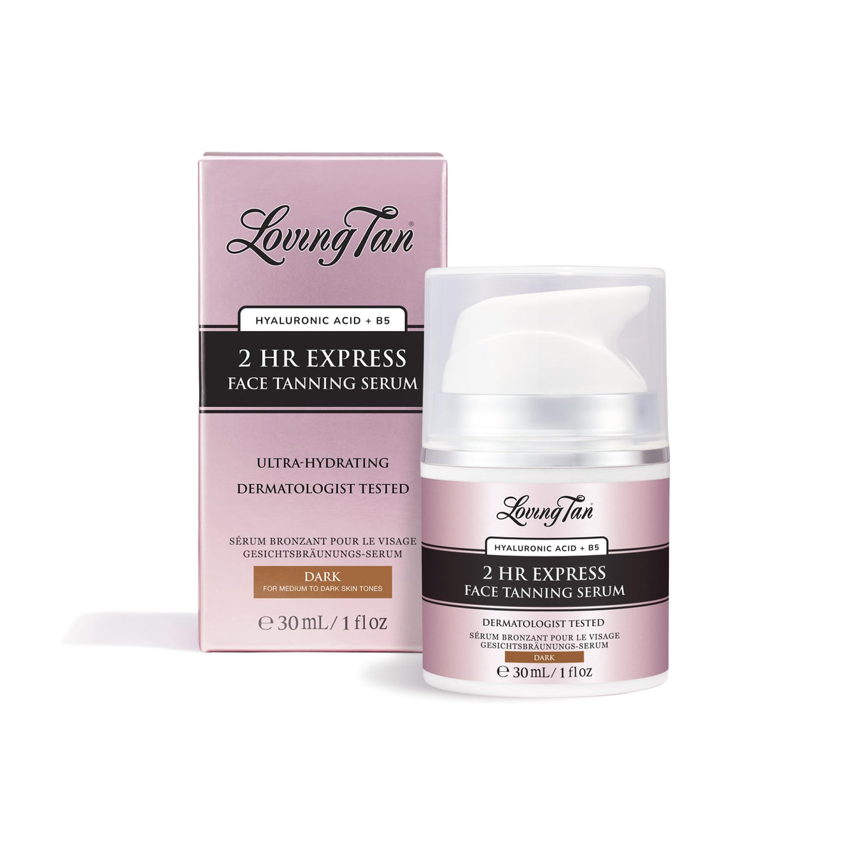 Loving Tan front packaging showing bottle and product name for clear identification and trust