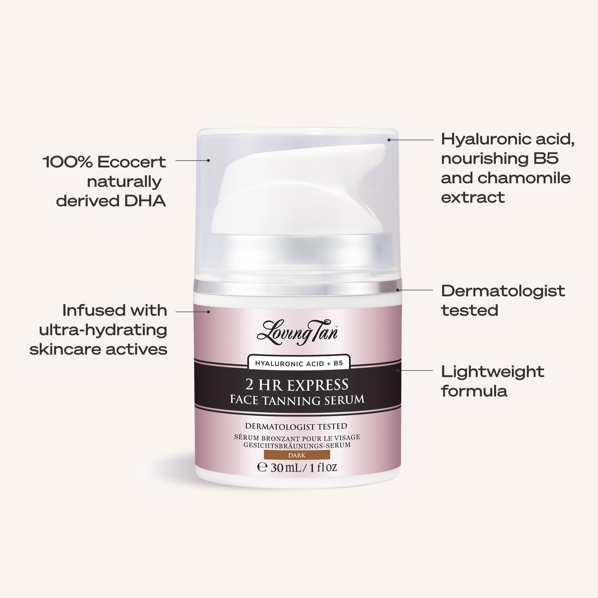 Loving Tan beside hyaluronic acid bottle emphasizing hydration benefits and skin support
