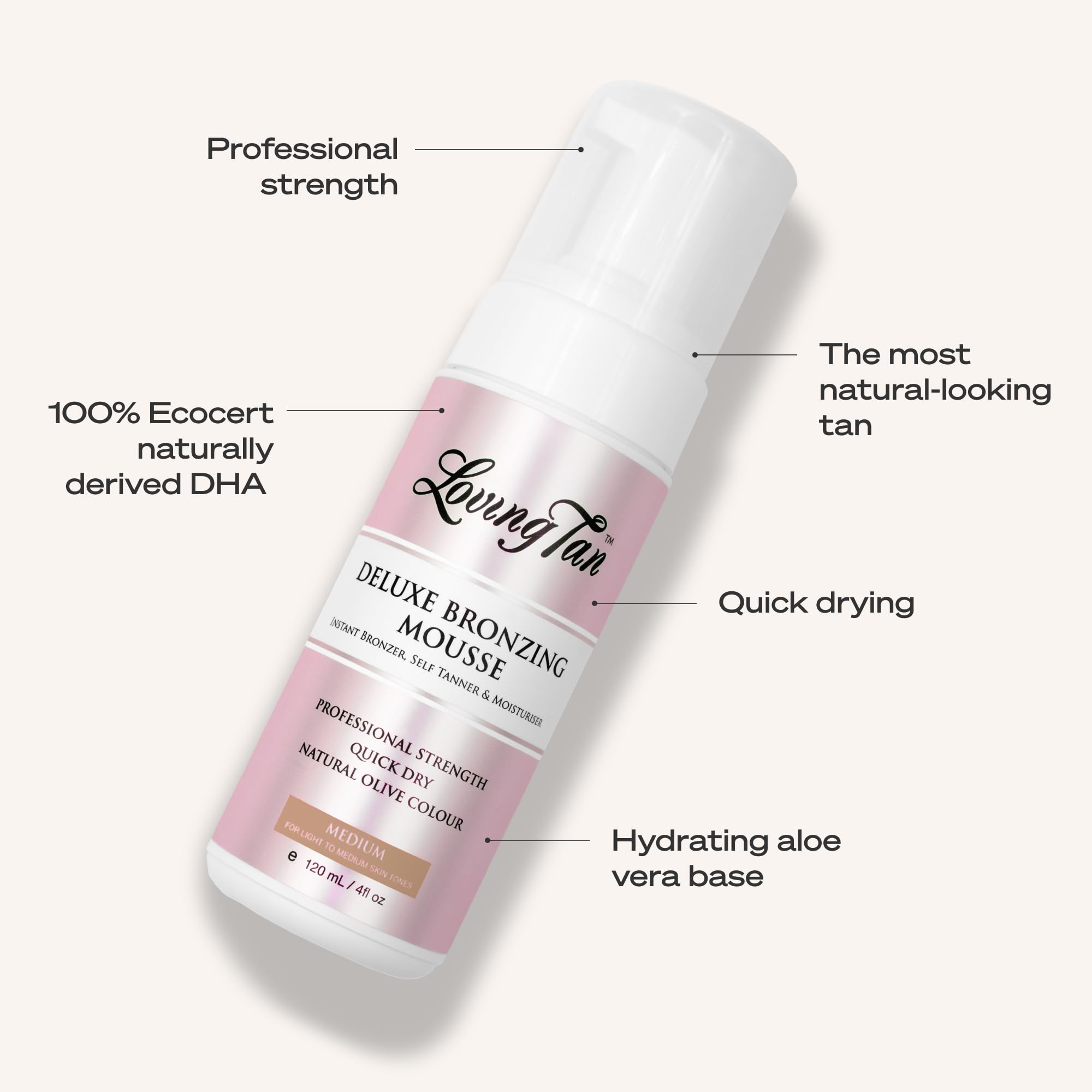 Loving Tan product label showing ingredients and claims, supports dermatologist-tested trust