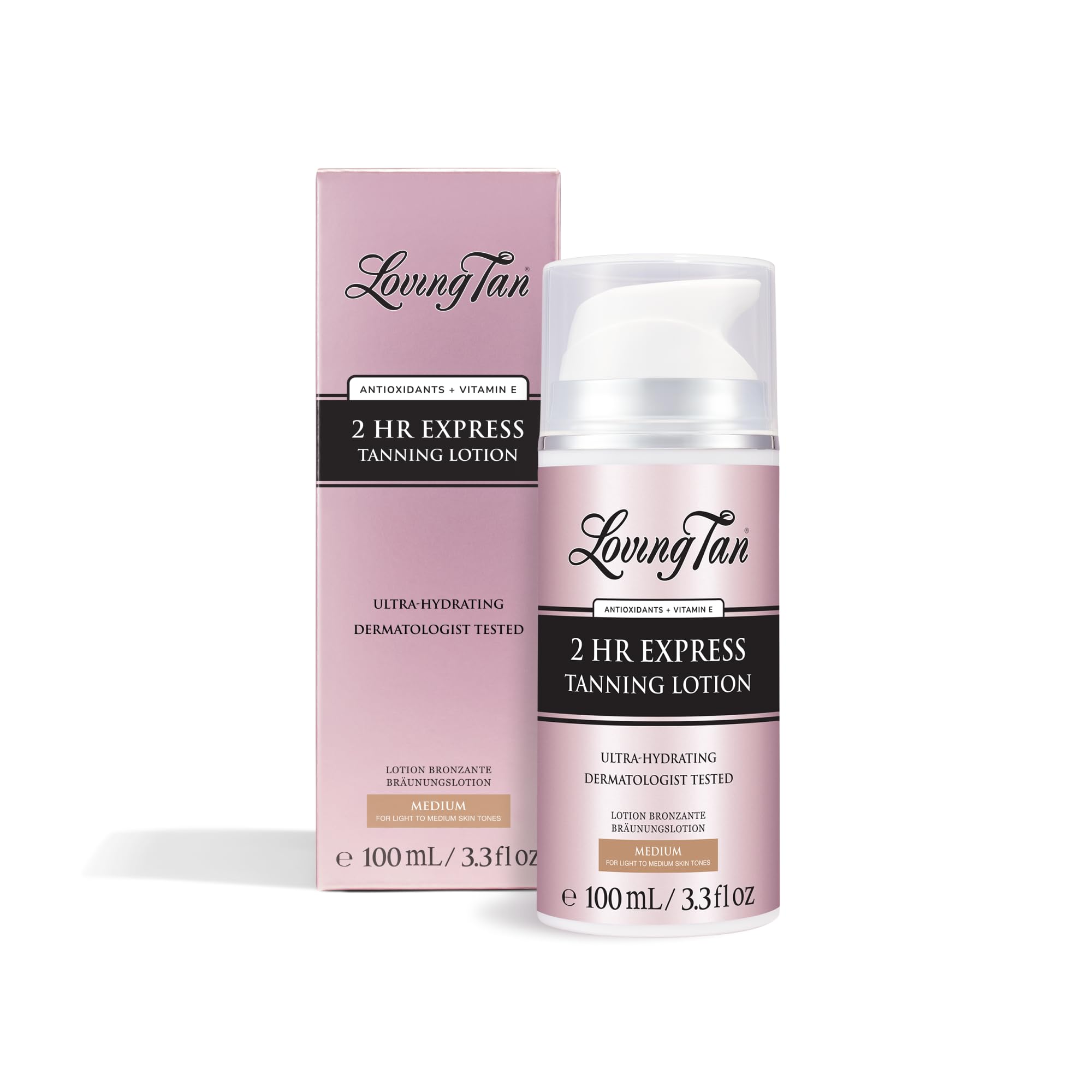 Loving Tan front packaging showing product and size, highlights quick tan benefit