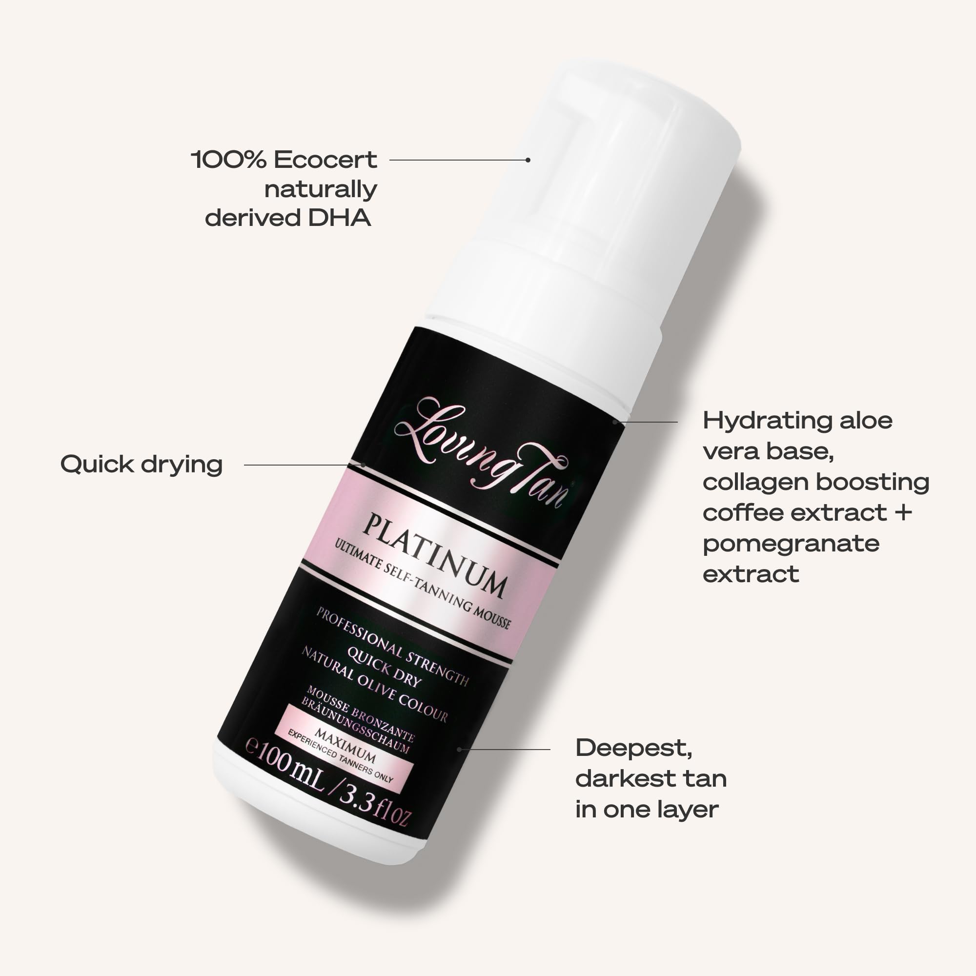 Loving Tan bottle in hand showing 3.3 fl oz size and travel-friendly benefit