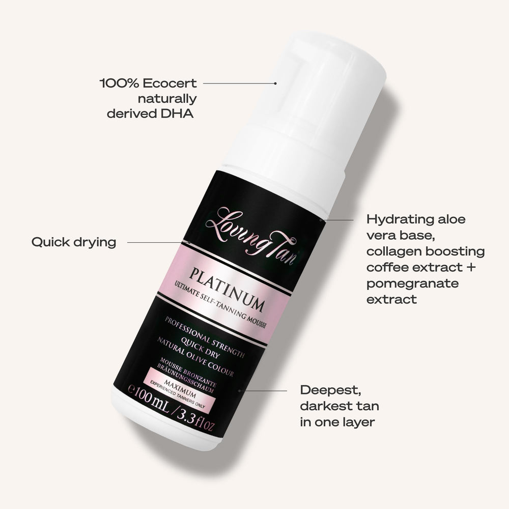 Loving Tan bottle in hand showing 3.3 fl oz size and travel-friendly benefit