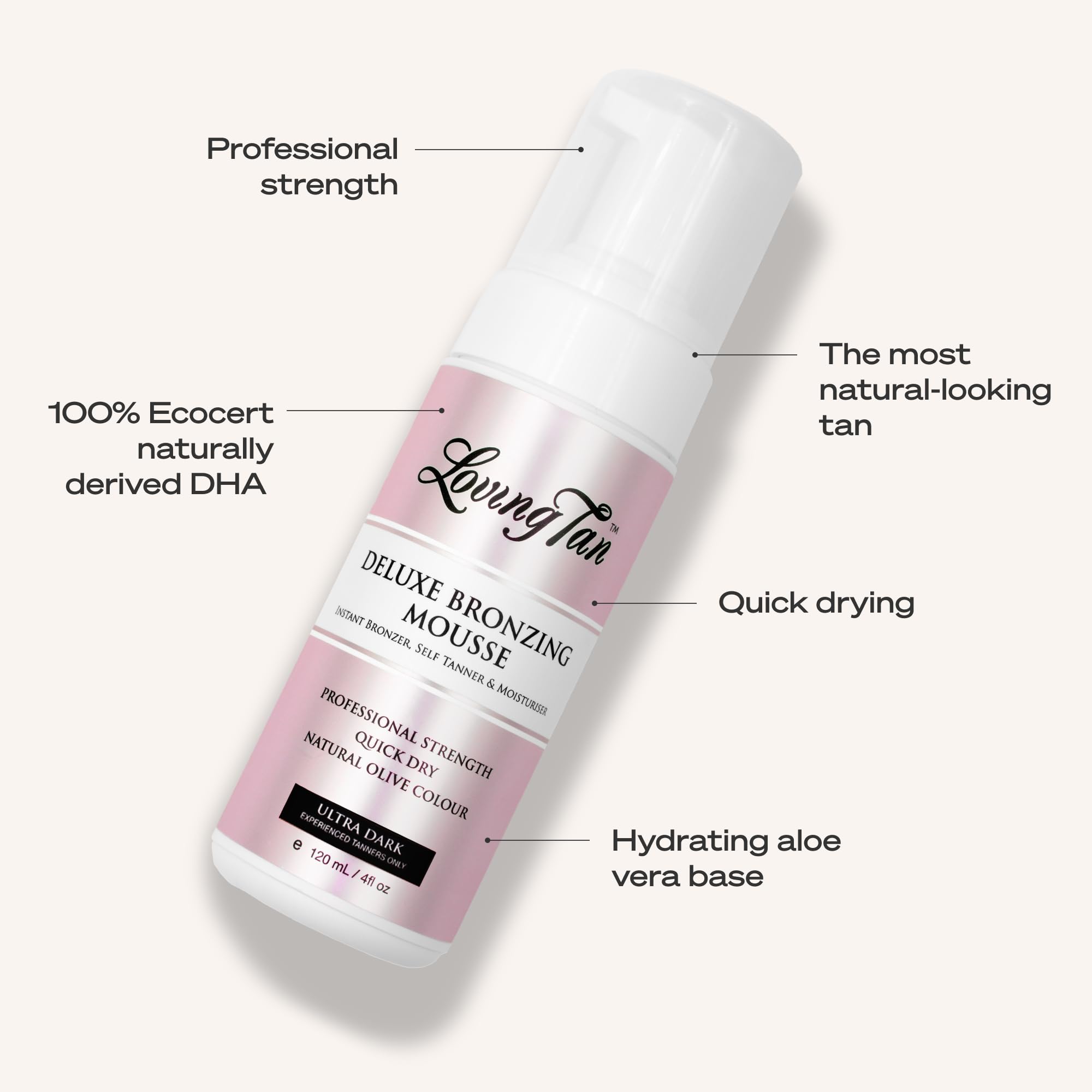 Loving Tan bottle held in hand to show 4 fl oz size and portability