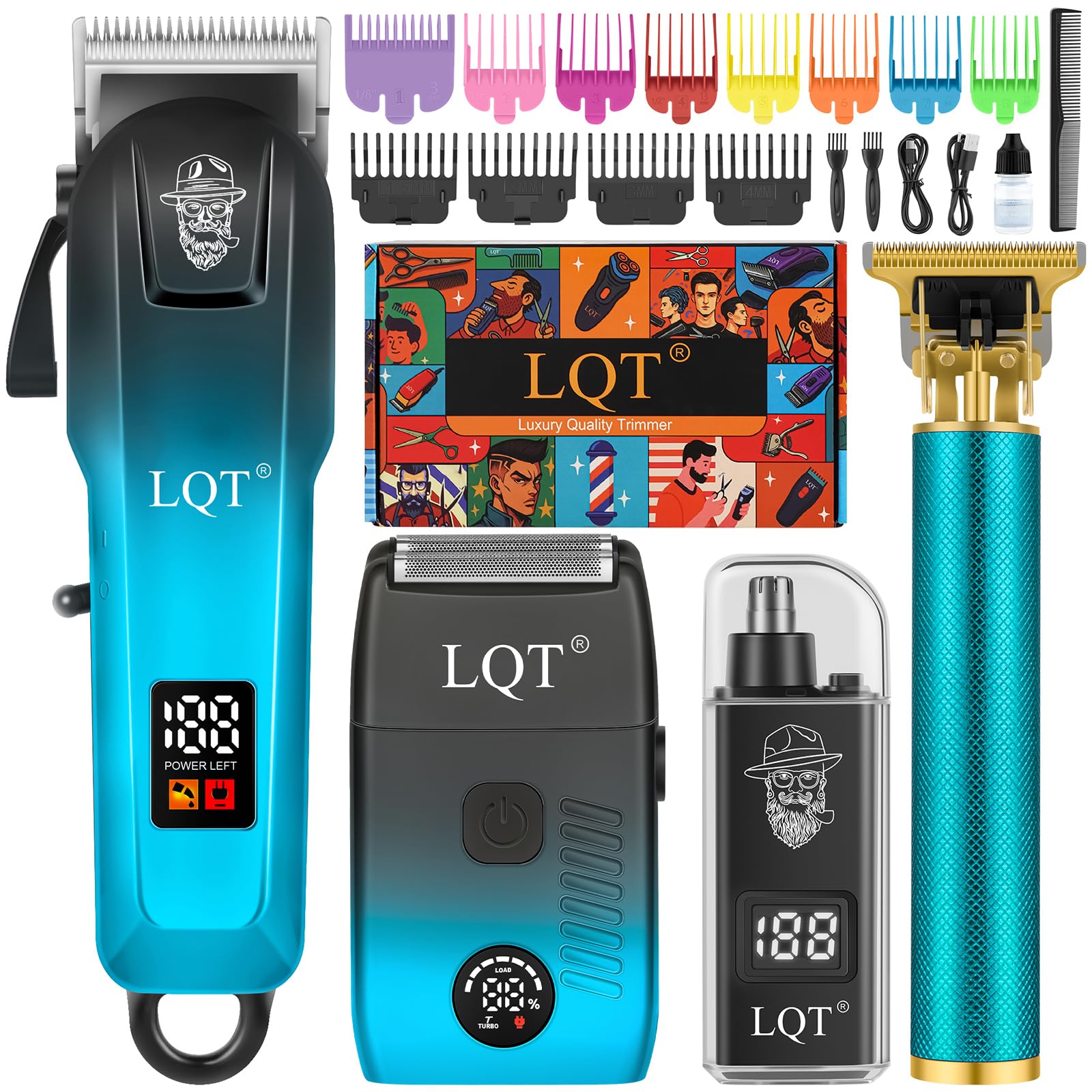 LQT grooming kit front view showing tools and LED display for easy monitoring