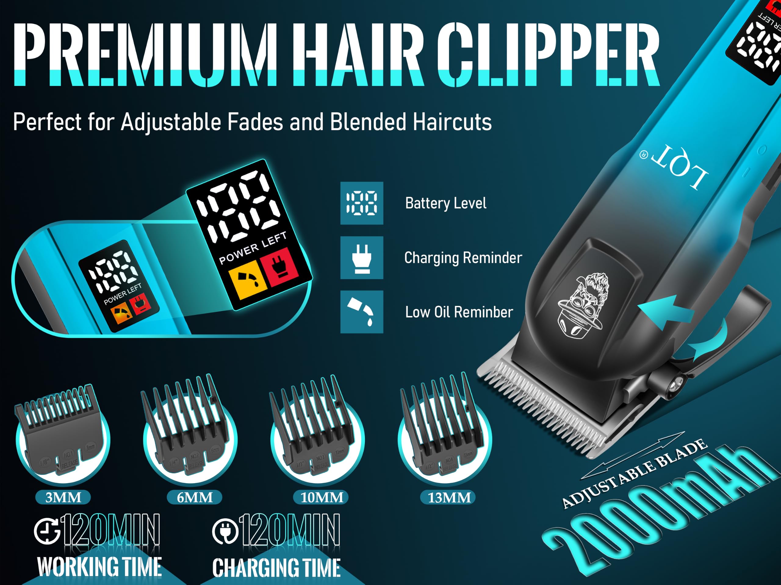 LQT hair clipper LED display closeup showing battery percentage benefit