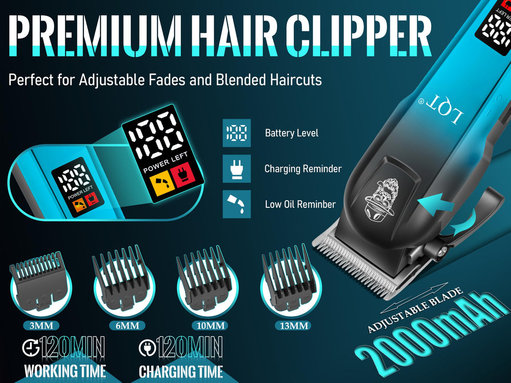 LQT hair clipper LED display closeup showing battery percentage benefit