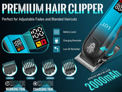 LQT hair clipper LED display closeup showing battery percentage benefit