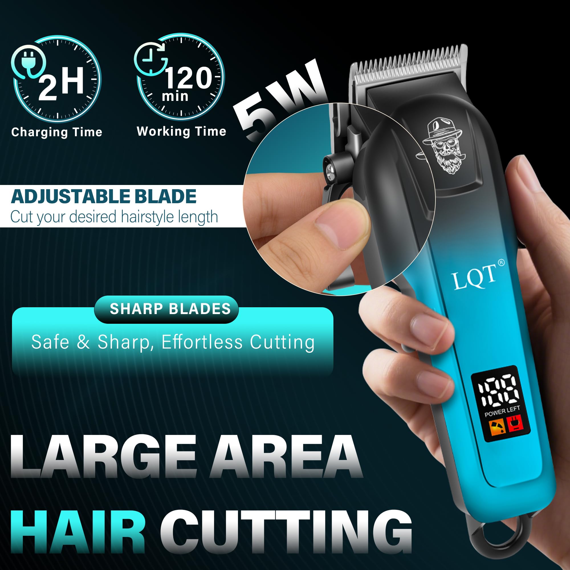 LQT precision T-blade trimmer detail shot for crisp edges and styling