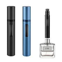 LTBL two-piece atomizer front view showing black and dark blue travel bottles and portability benefit