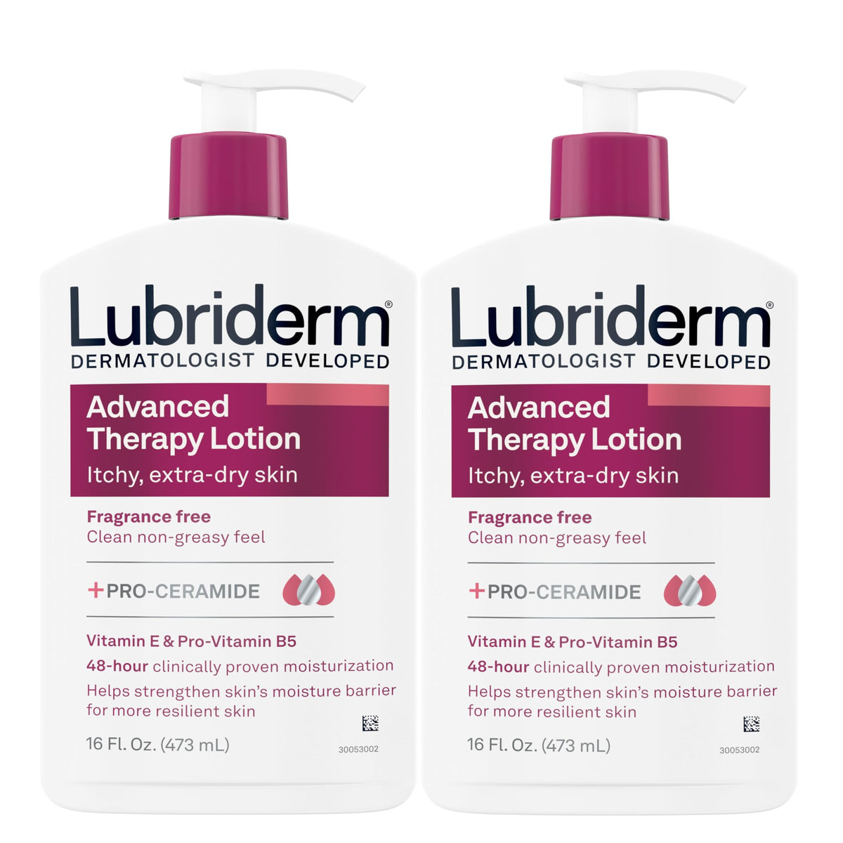 Lubriderm bottle front packaging showing unscented formula benefit