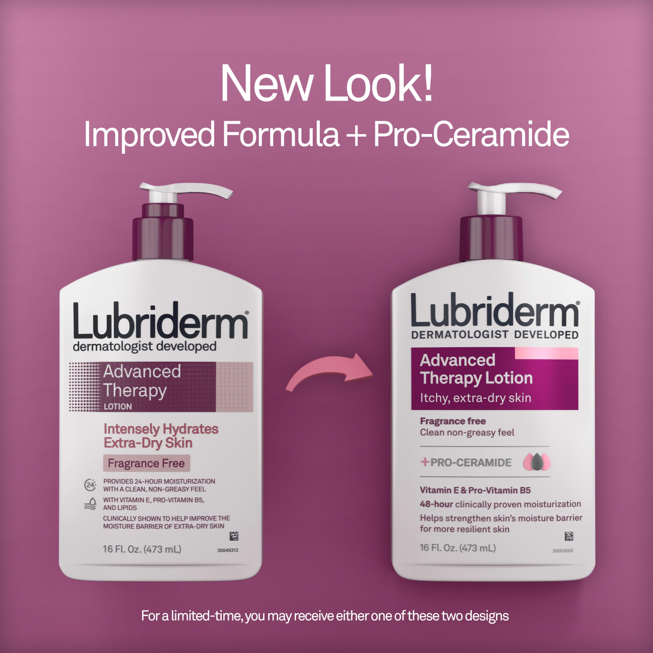 Lubriderm bottle dispensing lotion illustrating fast-absorbing benefit