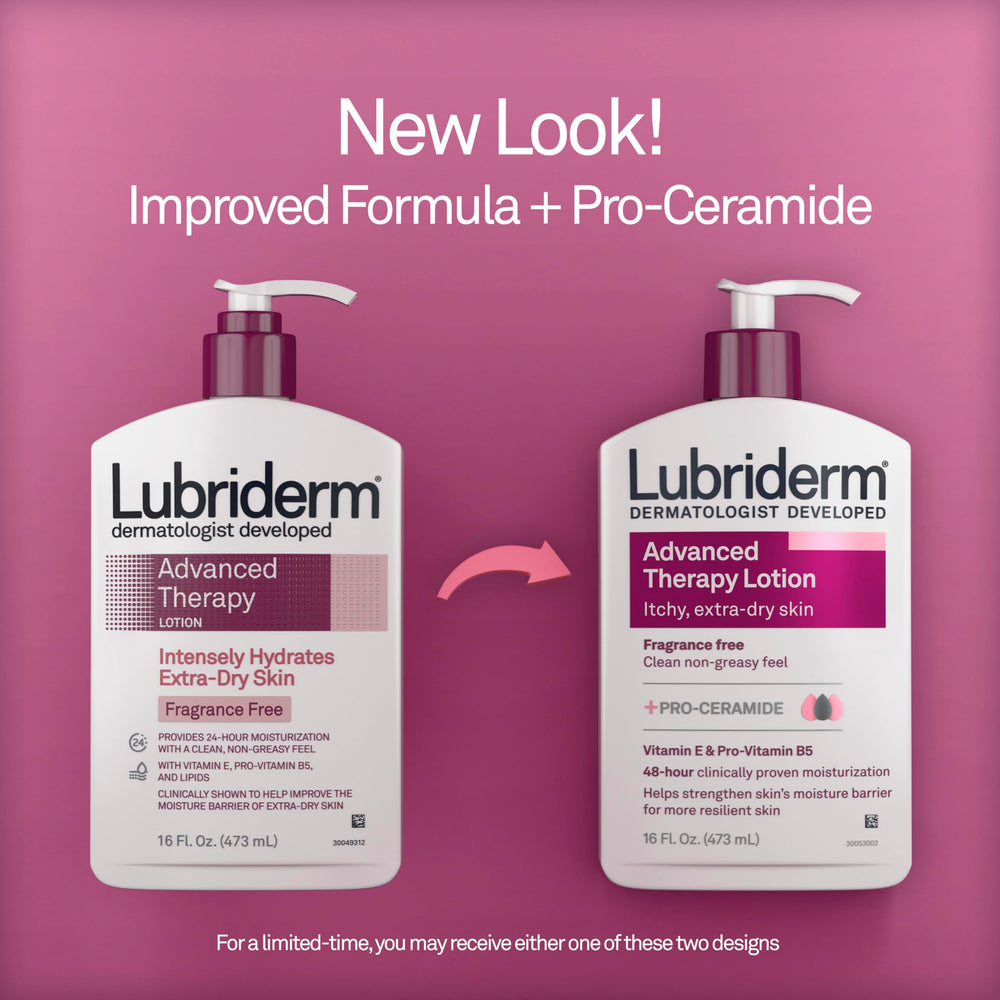 Lubriderm bottle dispensing lotion illustrating fast-absorbing benefit