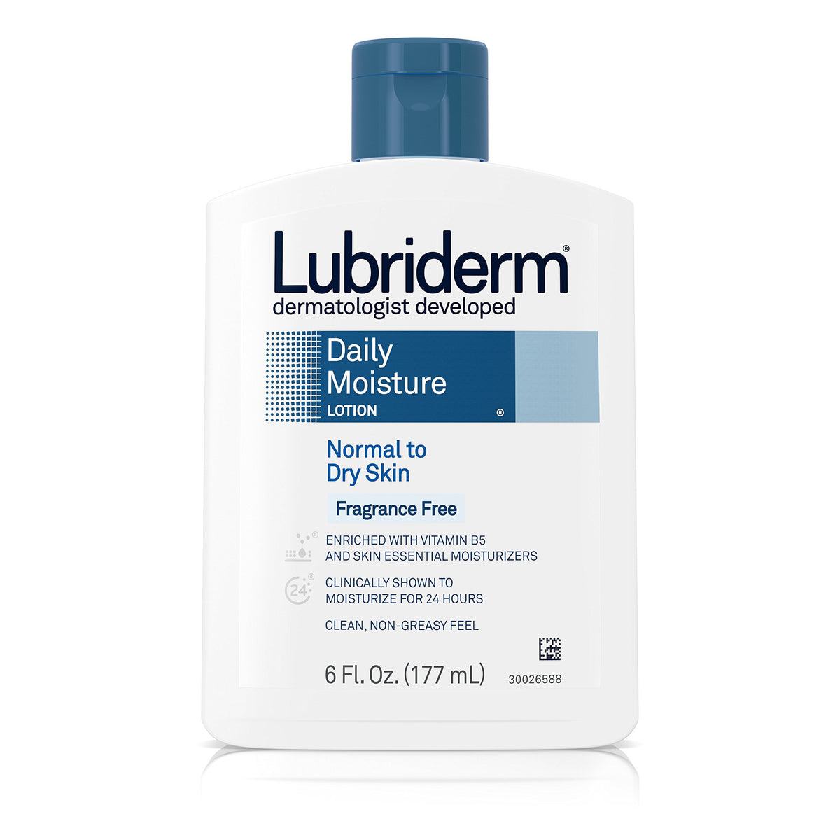 Lubriderm front packaging showing 6 fl oz bottle and product name benefiting daily hydration