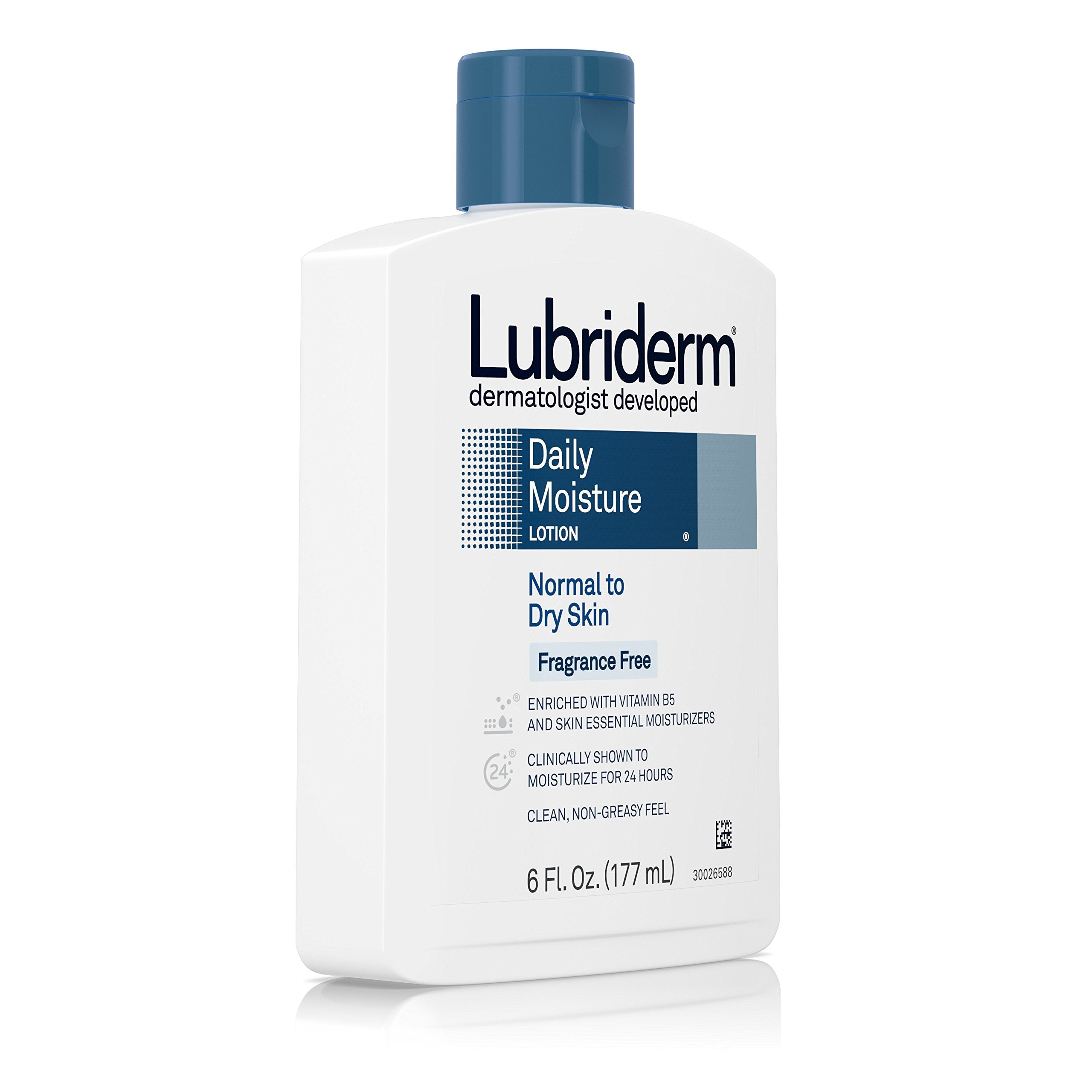 Lubriderm label close-up highlighting Pro-Ceramide and fragrance-free benefits for sensitive skin