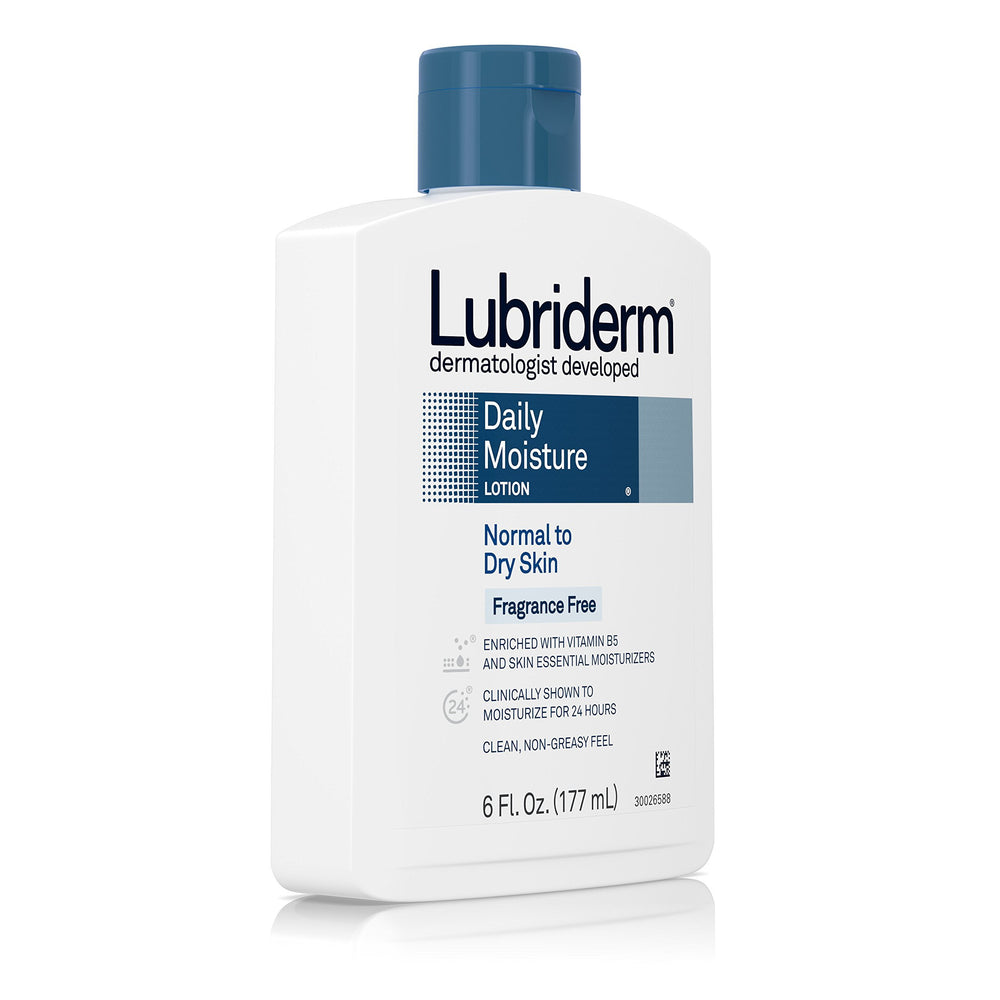 Lubriderm label close-up highlighting Pro-Ceramide and fragrance-free benefits for sensitive skin