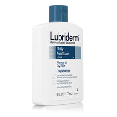 Lubriderm label close-up highlighting Pro-Ceramide and fragrance-free benefits for sensitive skin