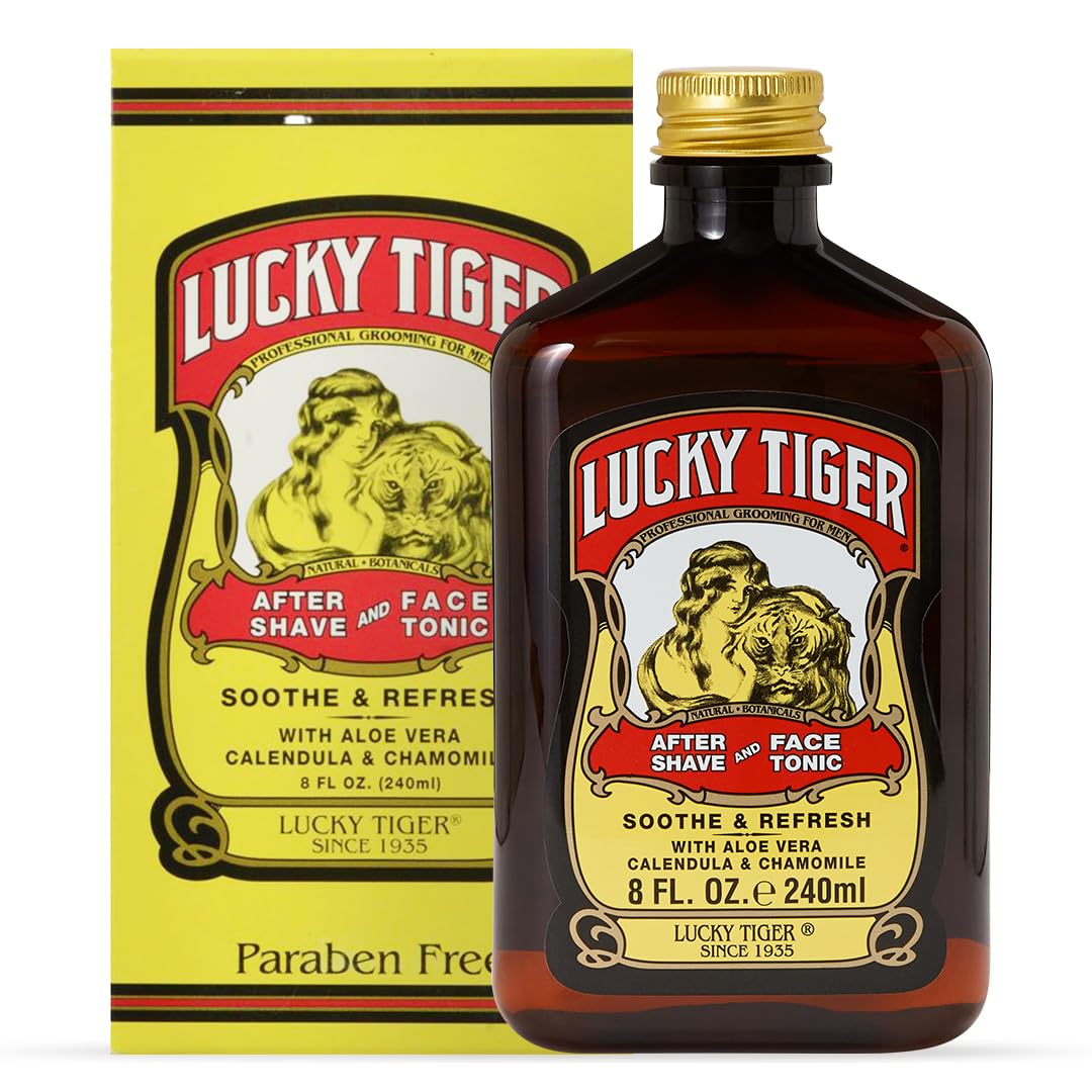 Lucky Tiger front packaging showing bottle and classic barbershop look for groomed appearance