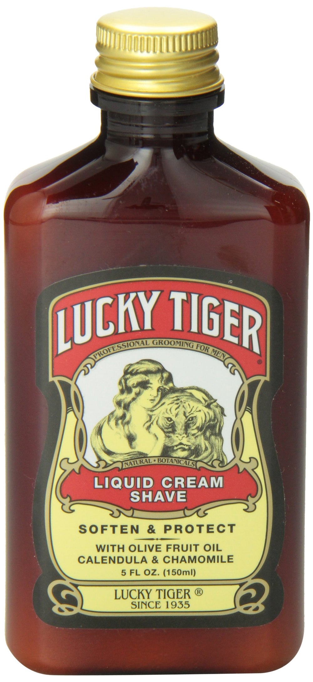 Man shaving with Lucky Tiger cream in bathroom, illustrating reduced irritation and smooth shave