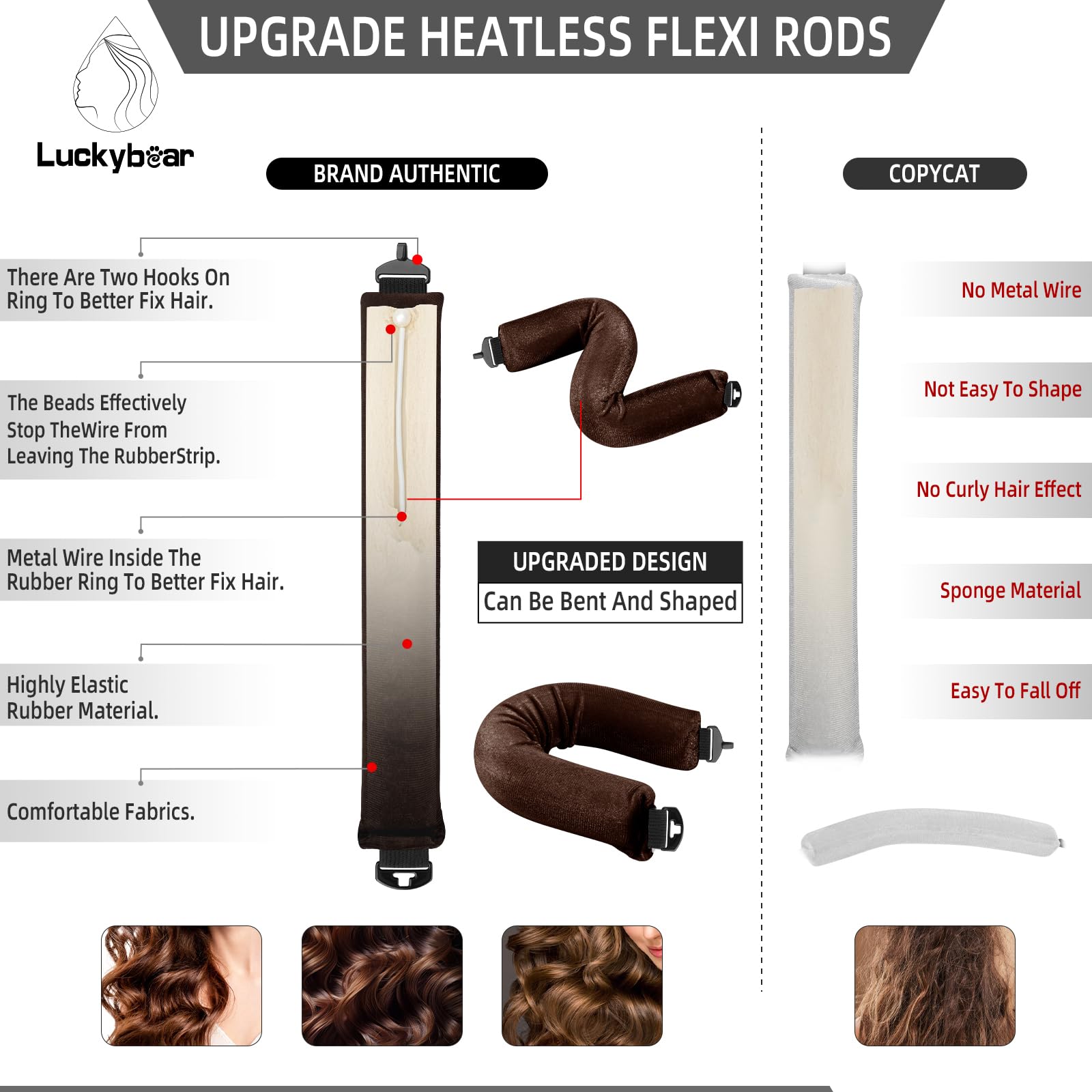 luckybear flexi rod bend and hook detail secures hair without pins for comfortable wear