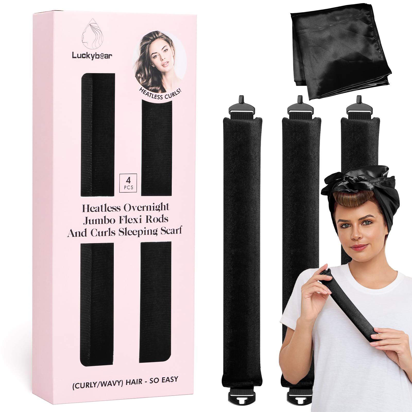 Luckybear front packaging showing velvet-satin rods and accessories for easy styling