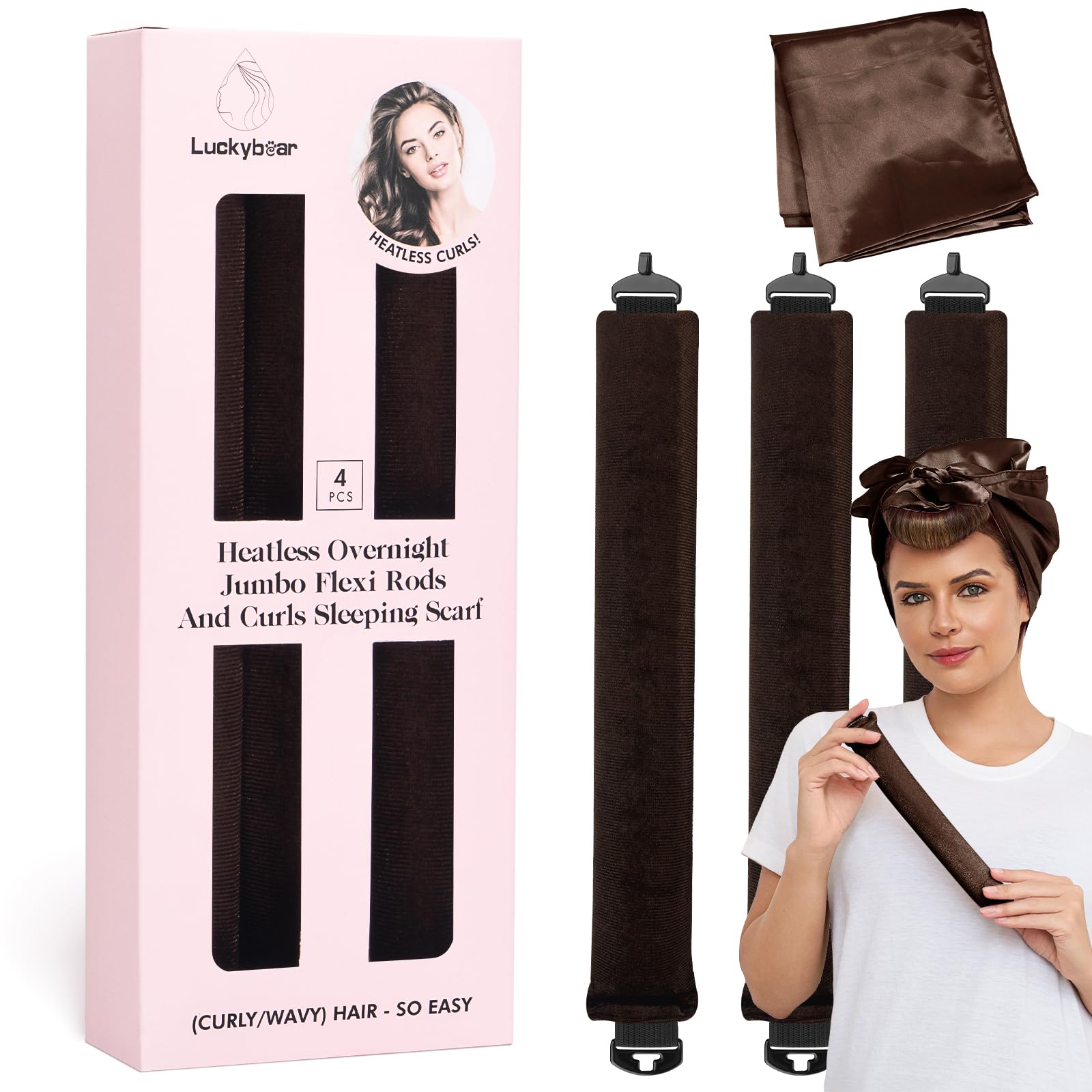 luckybear front packaging showing four jumbo heatless rods and silk scarf for easy styling