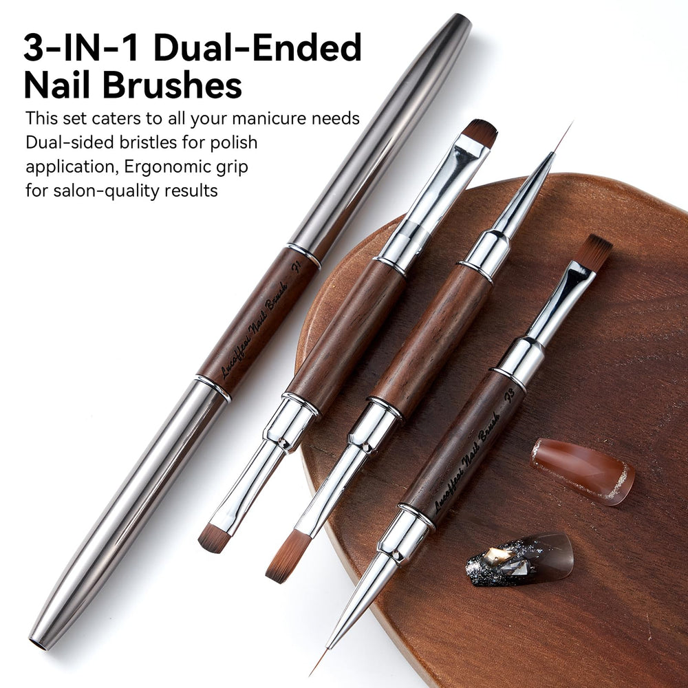 Lucoffeoi brushes laid out displaying all dual ends for versatile nail art techniques
