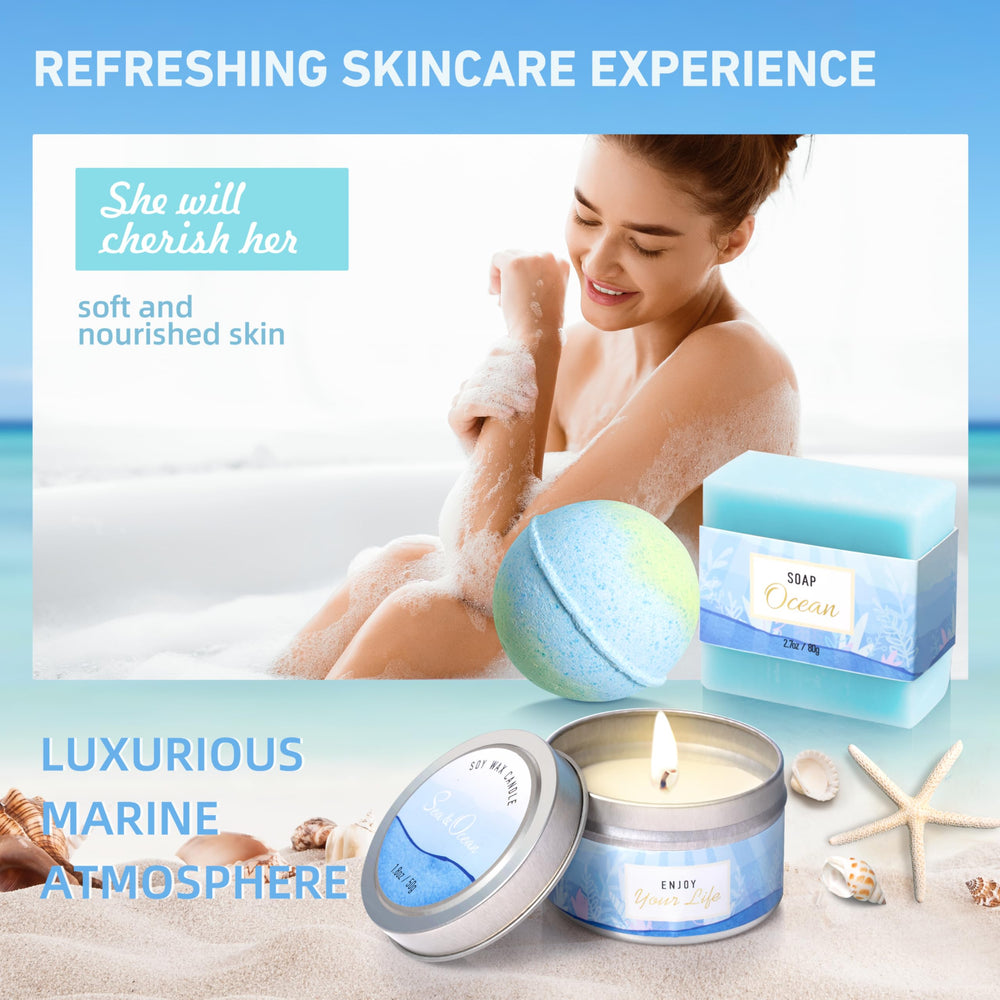 LUCOTIYA aromatherapy candle lit to create calming ocean-scented ambiance