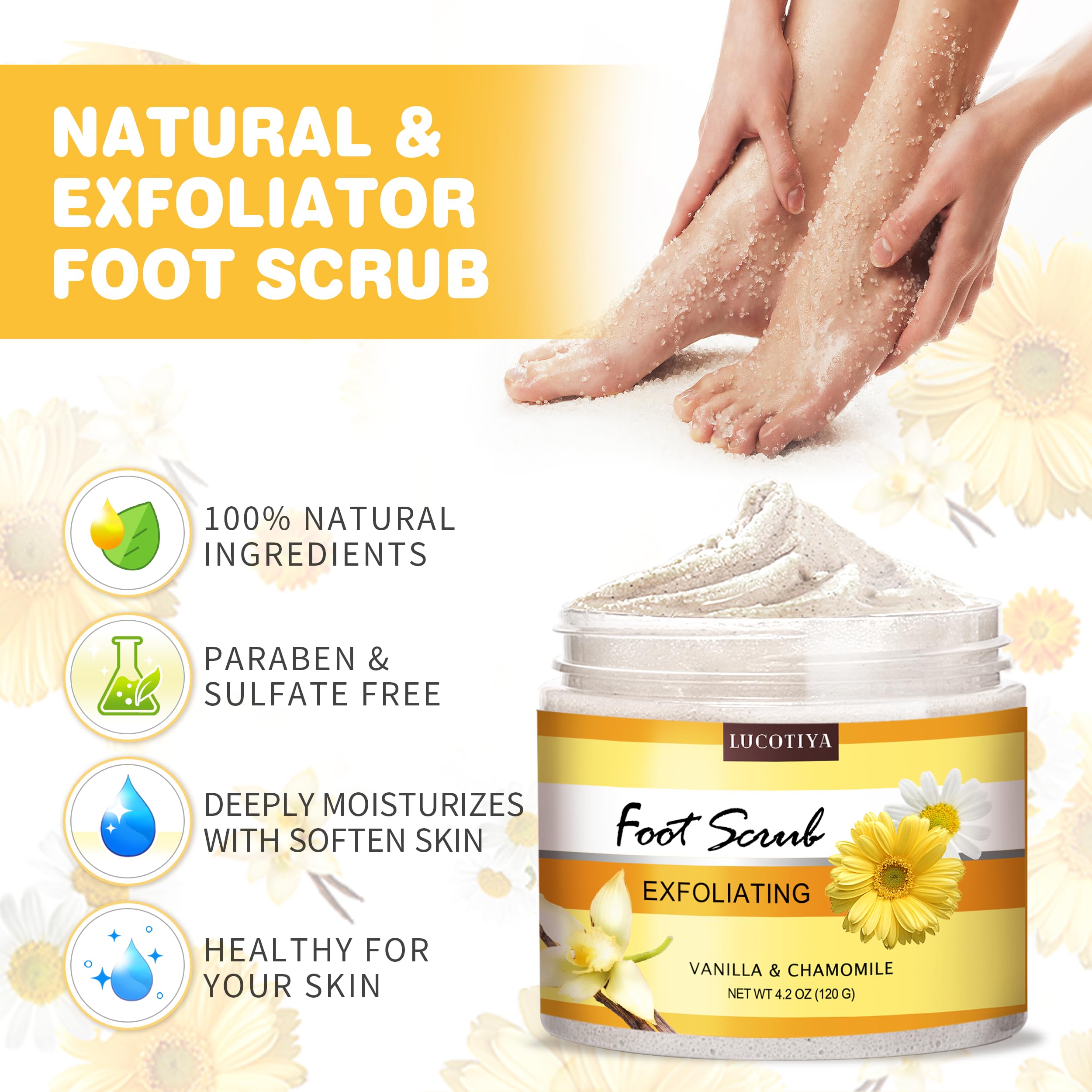 LUCOTIYA foot scrub jar open revealing gritty exfoliant benefit