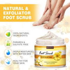 LUCOTIYA foot scrub jar open revealing gritty exfoliant benefit